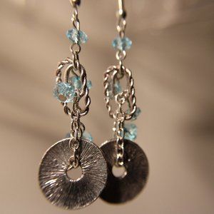 New Textured Dangle Silver Color Earrings - highlighted with faceted blue beads
